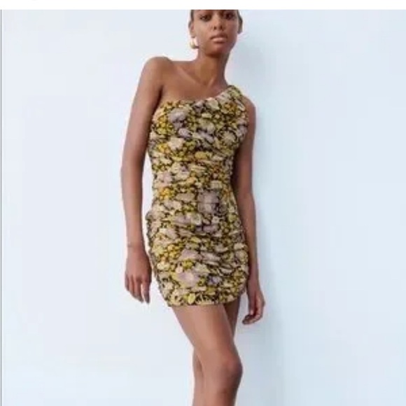 Zara One Shoulder Floral Dress - Yellow and Black - Picture 1 of 9